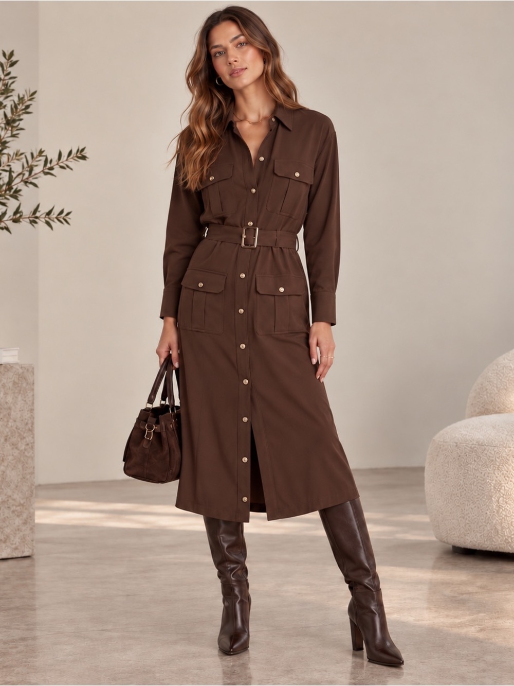Lauren Ralph Lauren Brown Belted Georgette Midi Shirt Dress Large Utility
